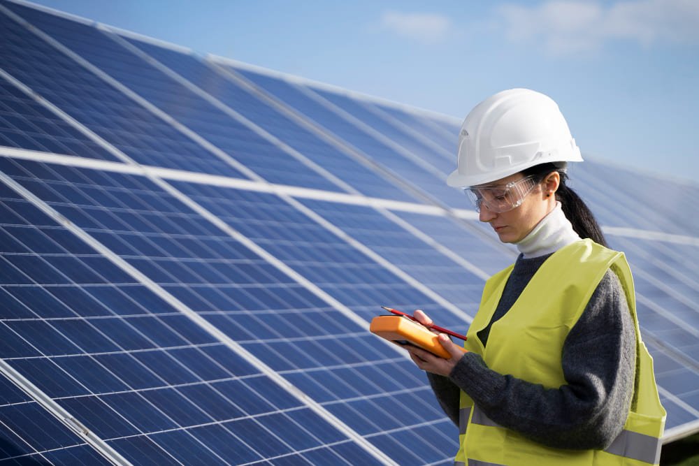 trabajadora realizando la legalización de instalaciones fotovoltaicas